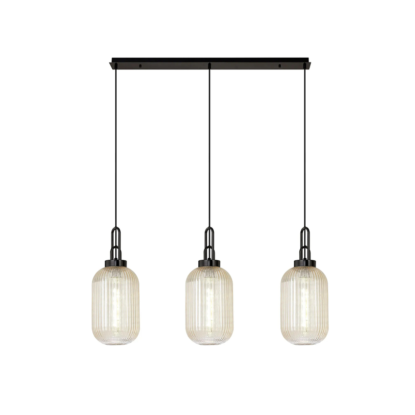 Photograph: Idolite Camille Linear 3 Light Pendant With 20cm Tubular Ribbed Glass, Black Chrome/Matt Black Champagne