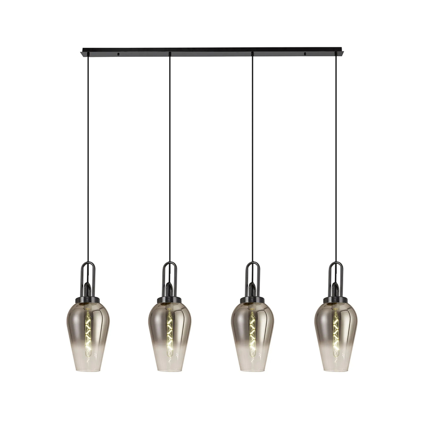 Photograph: Idolite Camille Linear 4 Light Pendant E27 With 23cm Pear Glass, Smoked/Clear Black Chrome/Matt Black