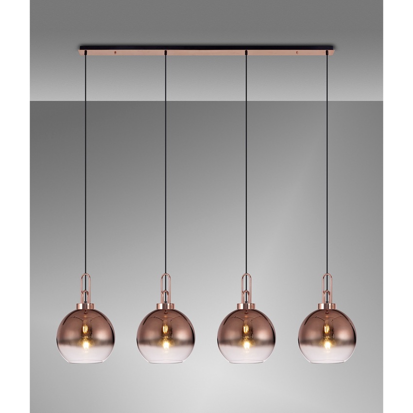 Photograph: Idolite Camille Linear 4 Light Pendant E27 With 30cm Globe Glass, Copper/Clear Copper/Matt Black