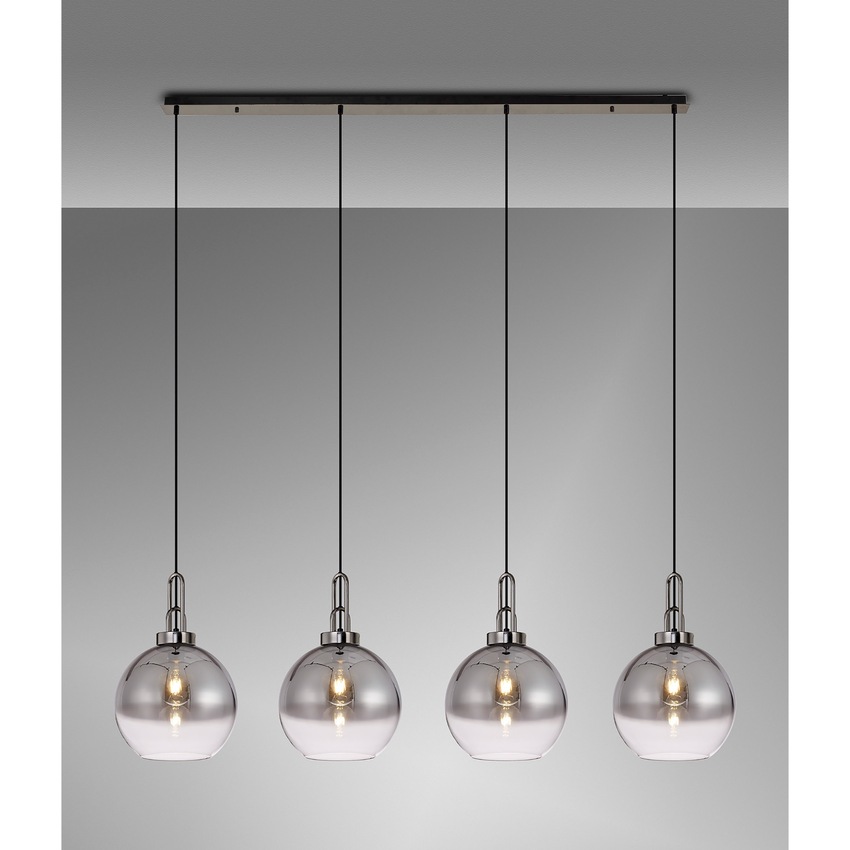 Photograph: Idolite Camille Linear 4 Light Pendant E27 With 30cm Globe Glass, Smoked/Clear Black Chrome/Matt Black
