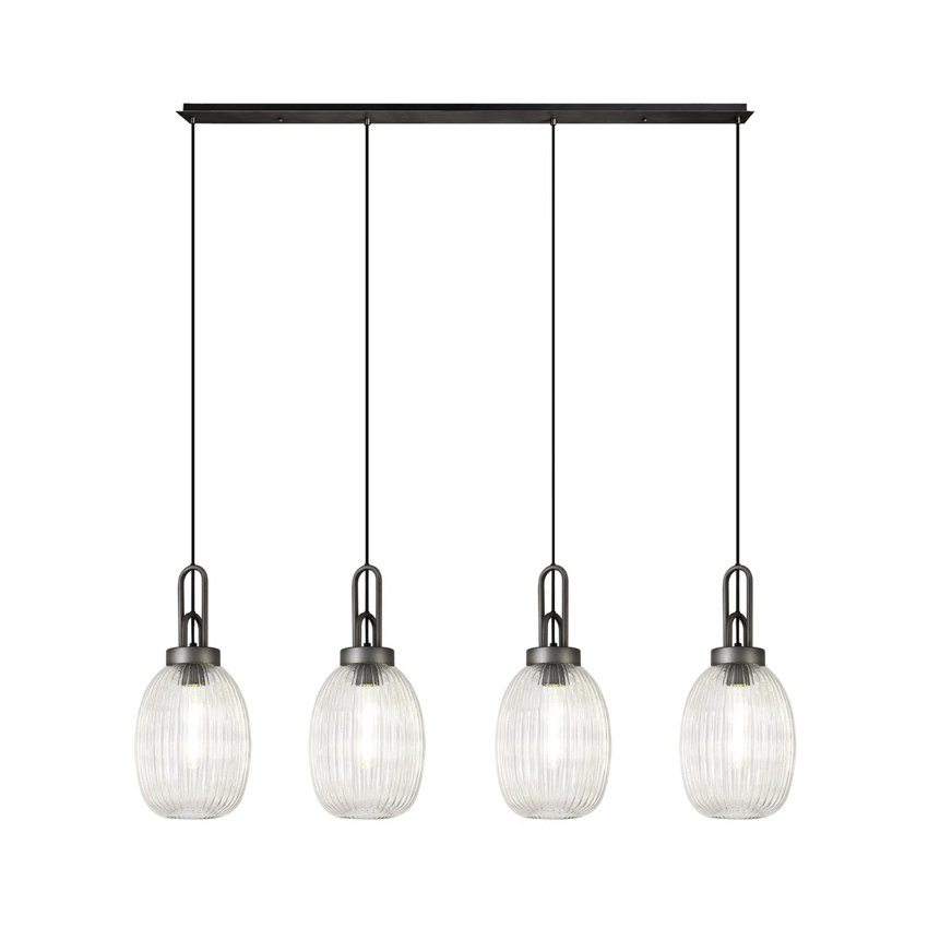 Photograph: Idolite Camille Linear 4 Light Pendant With 20cm Almond Ribbed Glass, Aged Pewter/Matt Black Clear
