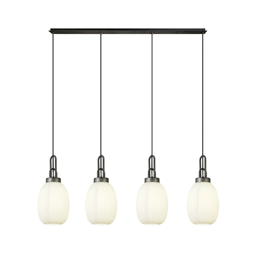 Photograph: Idolite Camille Linear 4 Light Pendant With 20cm Almond Ribbed Glass, Aged Pewter/Matt Black Opal