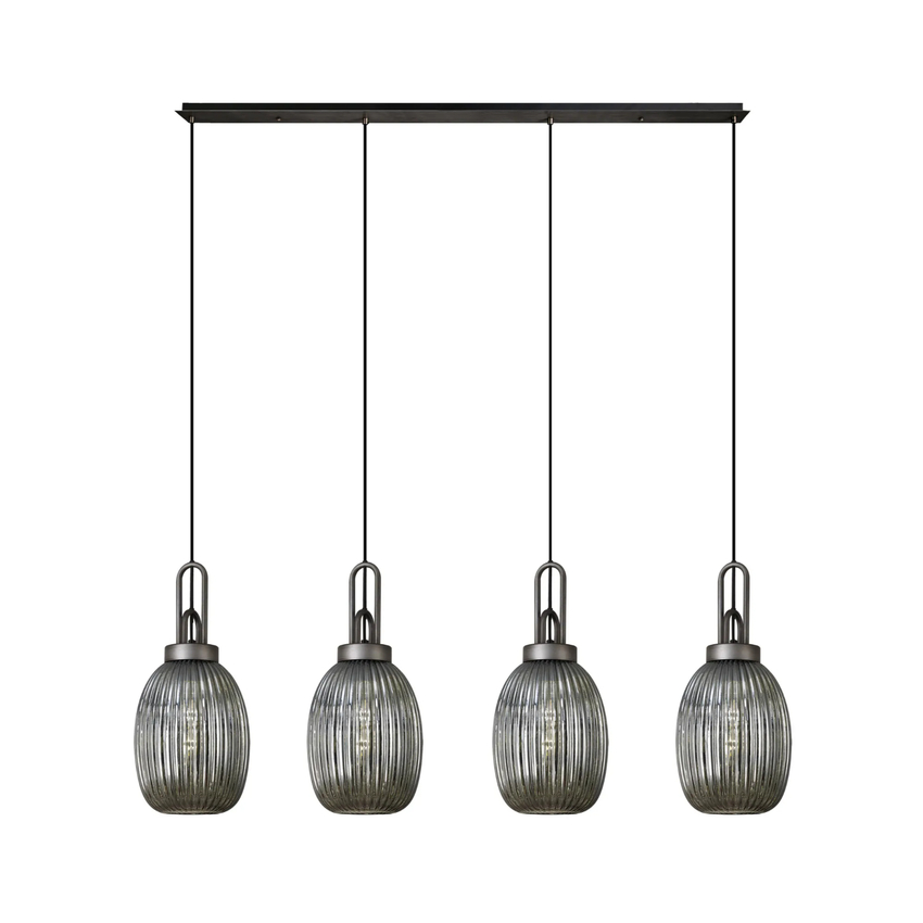 Photograph: Idolite Camille Linear 4 Light Pendant With 20cm Almond Ribbed Glass, Aged Pewter/Matt Black Smoked