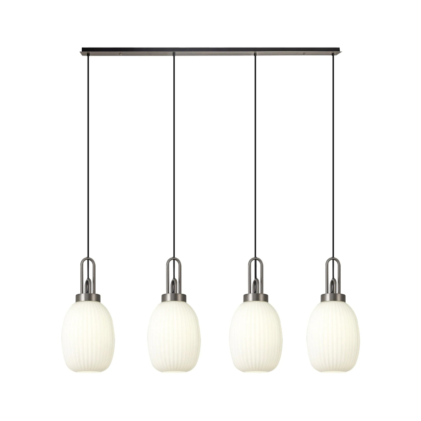 Photograph: Idolite Camille Linear 4 Light Pendant With 20cm Almond Ribbed Glass, Antique Silver/Matt Black Opal