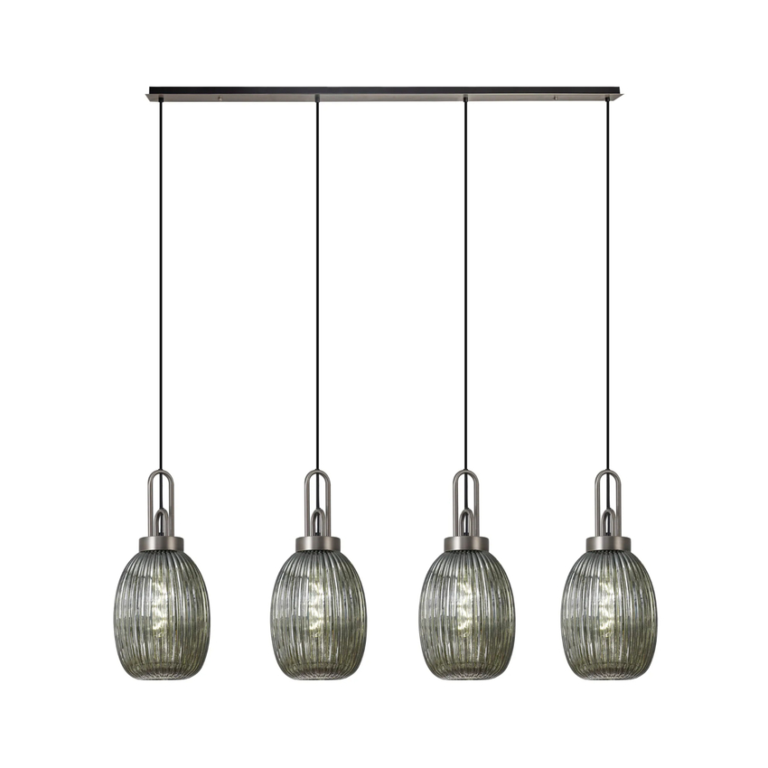 Photograph: Idolite Camille Linear 4 Light Pendant With 20cm Almond Ribbed Glass, Antique Silver/Matt Black Smoked