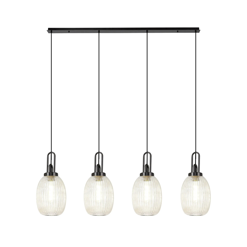 Photograph: Idolite Camille Linear 4 Light Pendant With 20cm Almond Ribbed Glass, Black Chrome/Matt Black Champagne