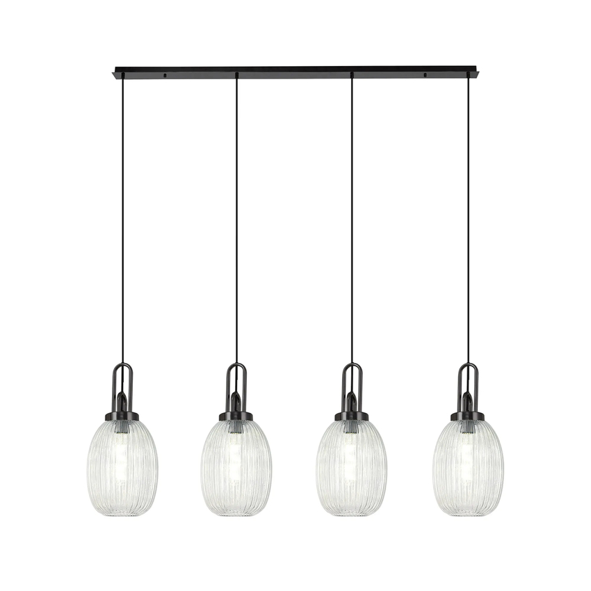 Photograph: Idolite Camille Linear 4 Light Pendant With 20cm Almond Ribbed Glass, Black Chrome/Matt Black Clear