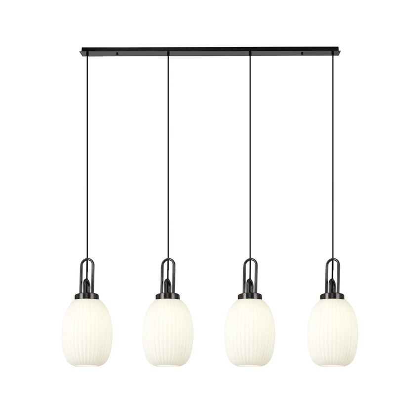 Photograph: Idolite Camille Linear 4 Light Pendant With 20cm Almond Ribbed Glass, Black Chrome/Matt Black Opal