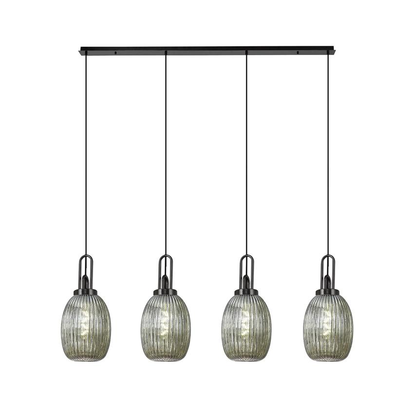 Photograph: Idolite Camille Linear 4 Light Pendant With 20cm Almond Ribbed Glass, Black Chrome/Matt Black Smoked