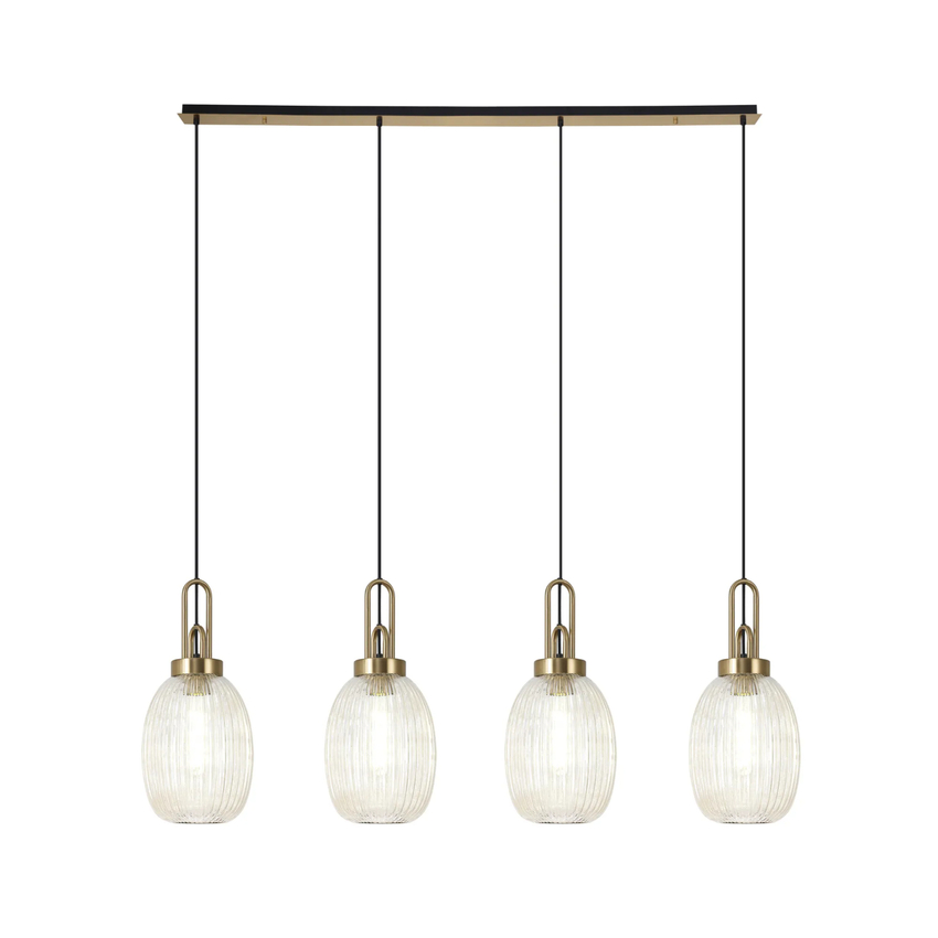 Photograph: Idolite Camille Linear 4 Light Pendant With 20cm Almond Ribbed Glass, Brass Gold/Matt Black Champagne