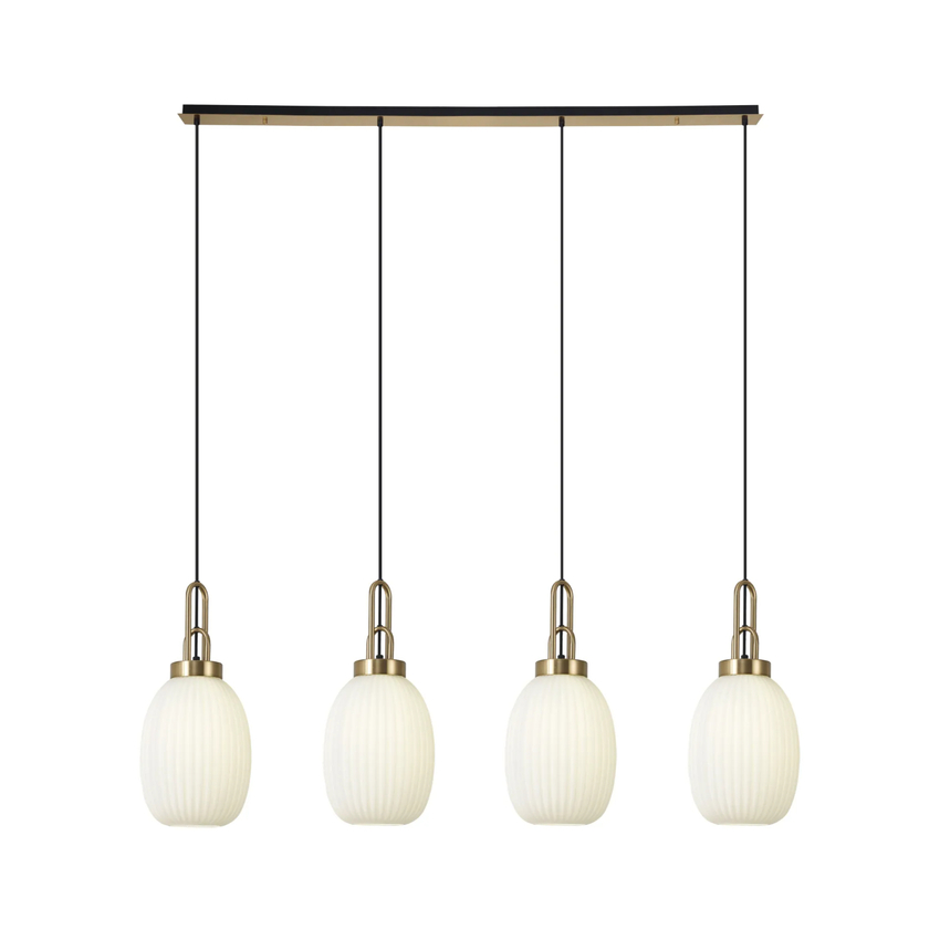 Photograph: Idolite Camille Linear 4 Light Pendant With 20cm Almond Ribbed Glass, Brass Gold/Matt Black Opal