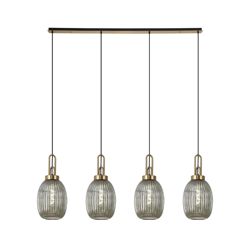 Photograph: Idolite Camille Linear 4 Light Pendant With 20cm Almond Ribbed Glass, Brass Gold/Matt Black Smoked