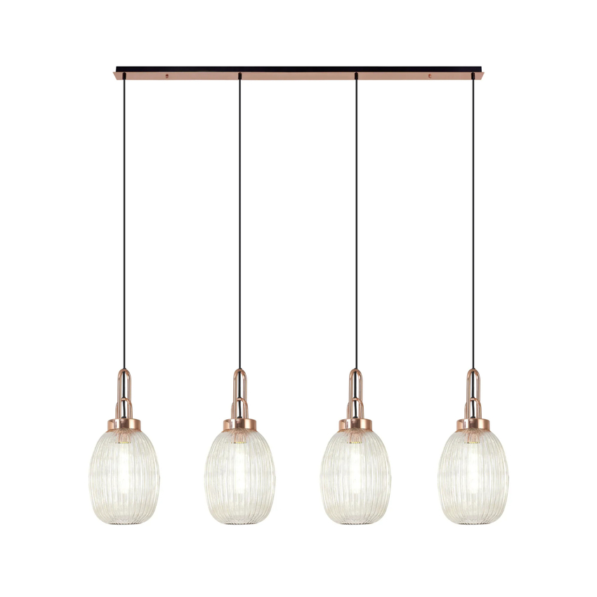 Photograph: Idolite Camille Linear 4 Light Pendant With 20cm Almond Ribbed Glass, Copper/Matt Black Champagne