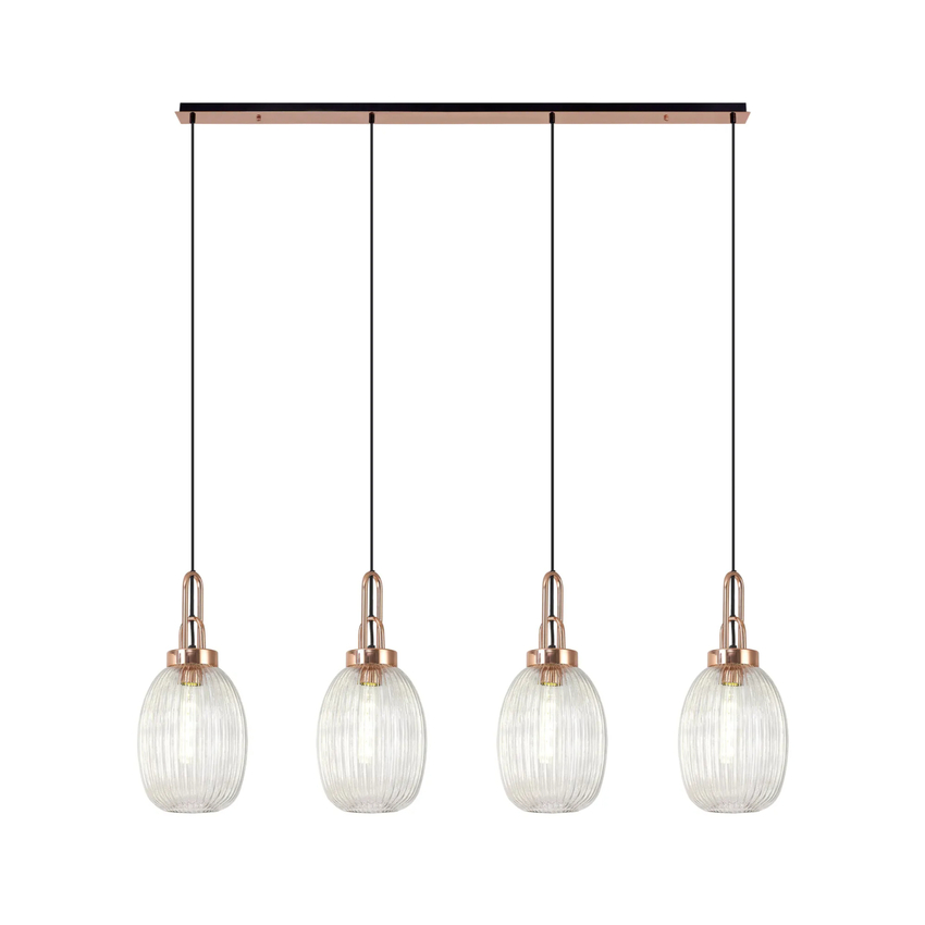 Photograph: Idolite Camille Linear 4 Light Pendant With 20cm Almond Ribbed Glass, Copper/Matt Black Clear
