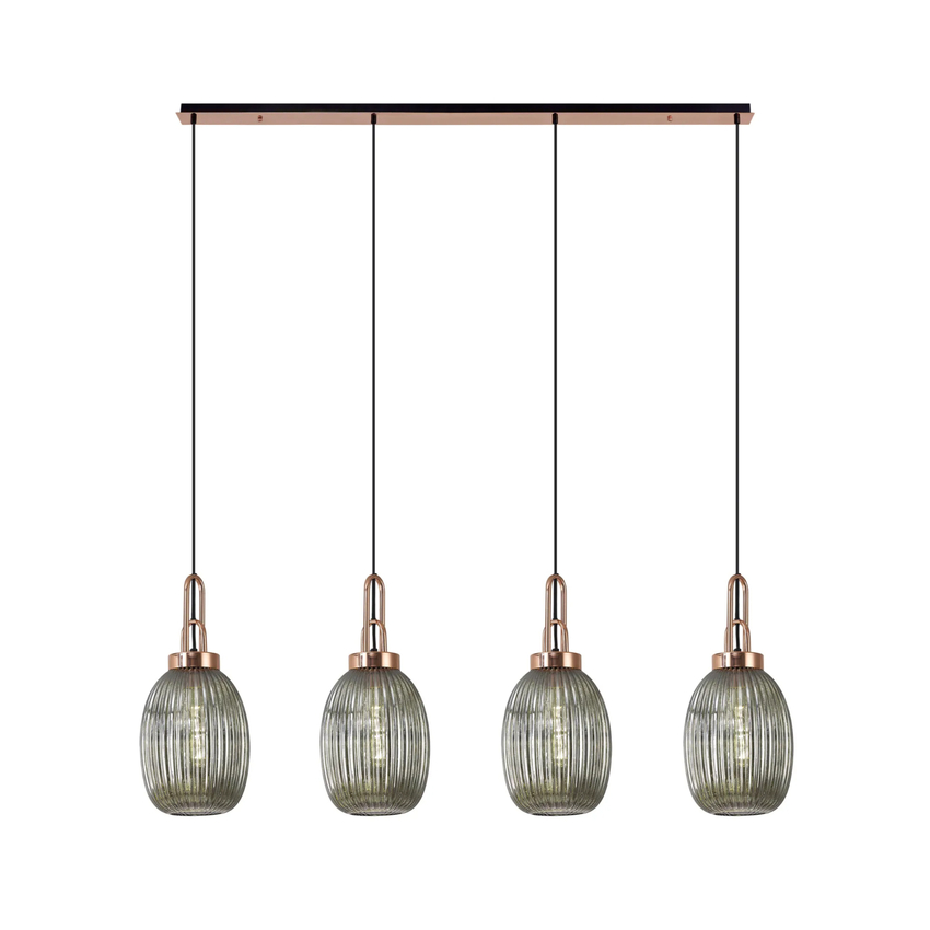 Photograph: Idolite Camille Linear 4 Light Pendant With 20cm Almond Ribbed Glass, Copper/Matt Black Smoked