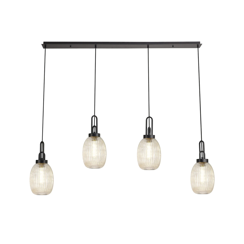 Photograph: Idolite Camille Linear 4 Light Pendant With 20cm Almond Ribbed Glass, Matt Black/Matt Black Champagne