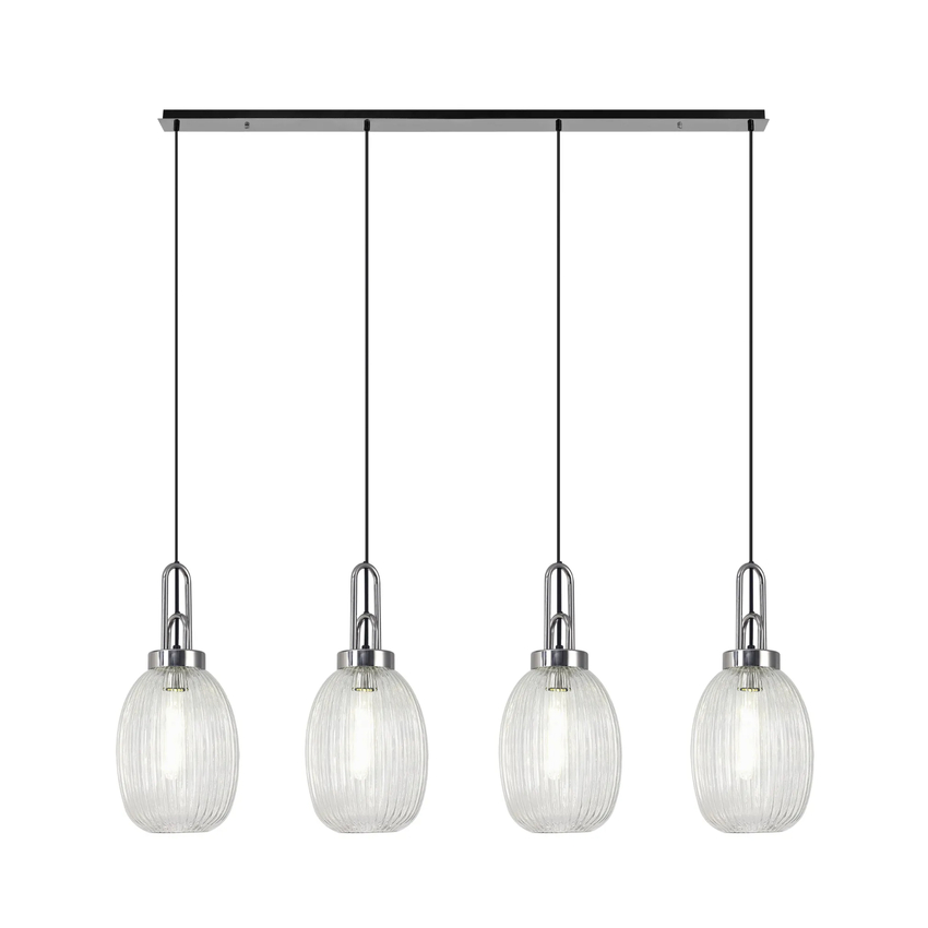 Photograph: Idolite Camille Linear 4 Light Pendant With 20cm Almond Ribbed Glass, Polished Nickel/Matt Black Clear