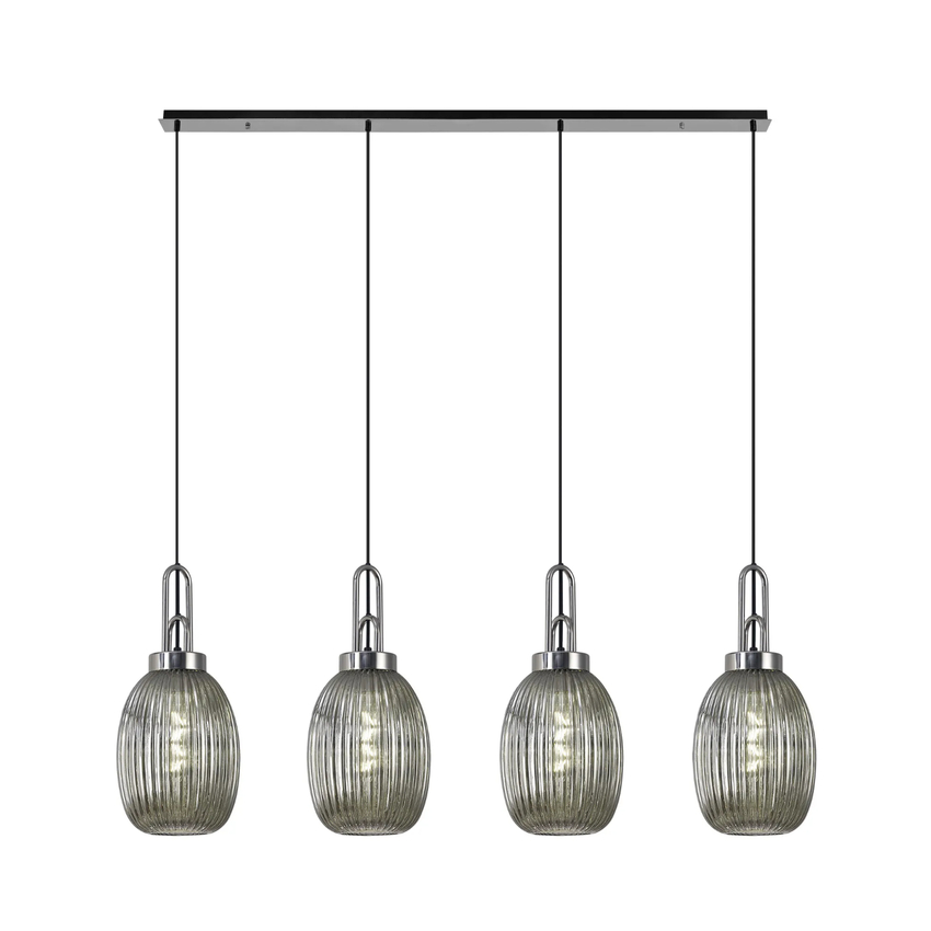Photograph: Idolite Camille Linear 4 Light Pendant With 20cm Almond Ribbed Glass, Polished Nickel/Matt Black Smoked