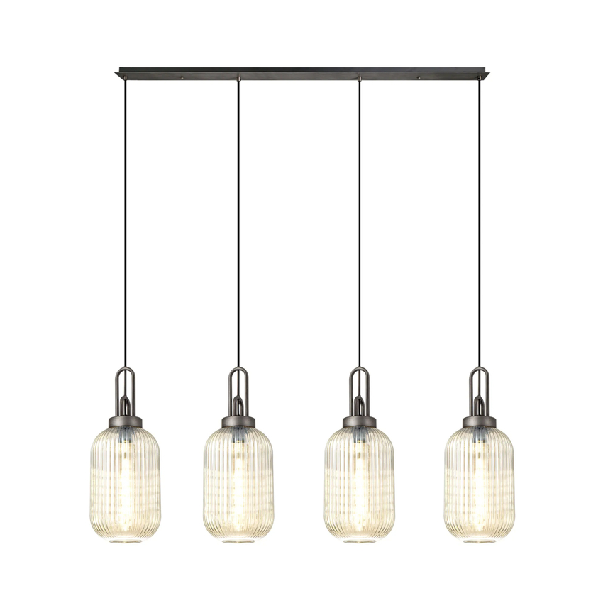 Photograph: Idolite Camille Linear 4 Light Pendant With 20cm Tubular Ribbed Glass, Aged Pewter/Matt Black Champagne