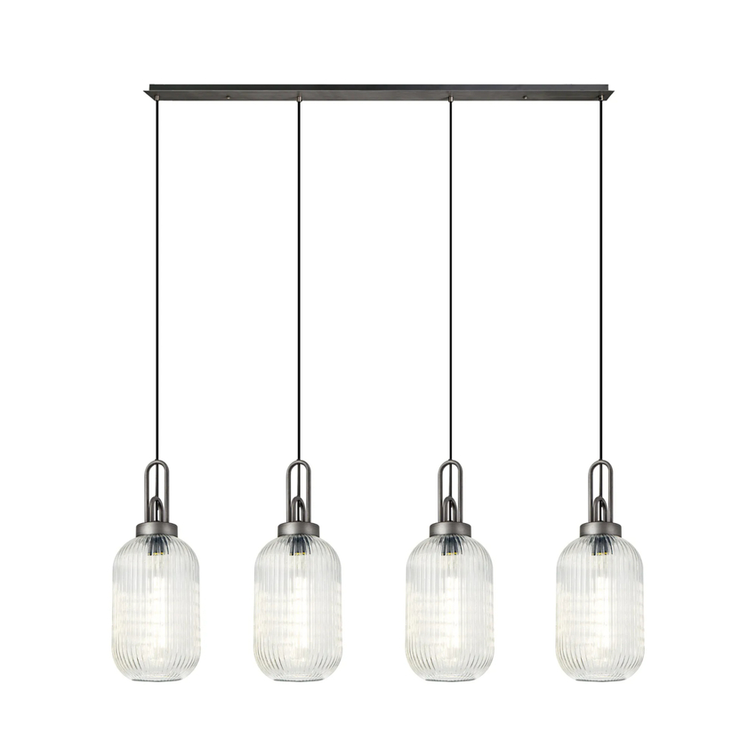 Photograph: Idolite Camille Linear 4 Light Pendant With 20cm Tubular Ribbed Glass, Aged Pewter/Matt Black Clear