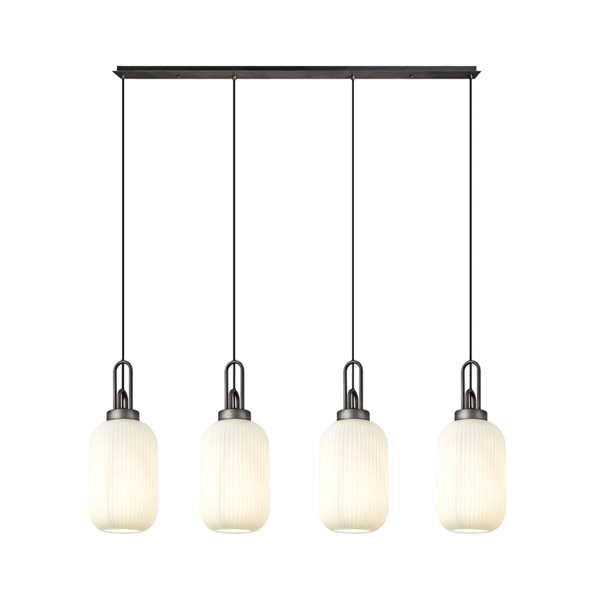 Photograph: Idolite Camille Linear 4 Light Pendant With 20cm Tubular Ribbed Glass, Aged Pewter/Matt Black Opal