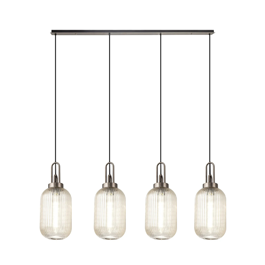 Photograph: Idolite Camille Linear 4 Light Pendant With 20cm Tubular Ribbed Glass, Antique Silver/Matt Black Champagne