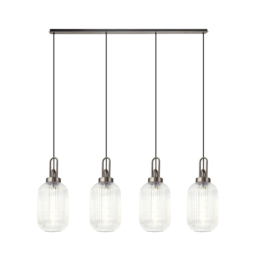 Photograph: Idolite Camille Linear 4 Light Pendant With 20cm Tubular Ribbed Glass, Antique Silver/Matt Black Clear