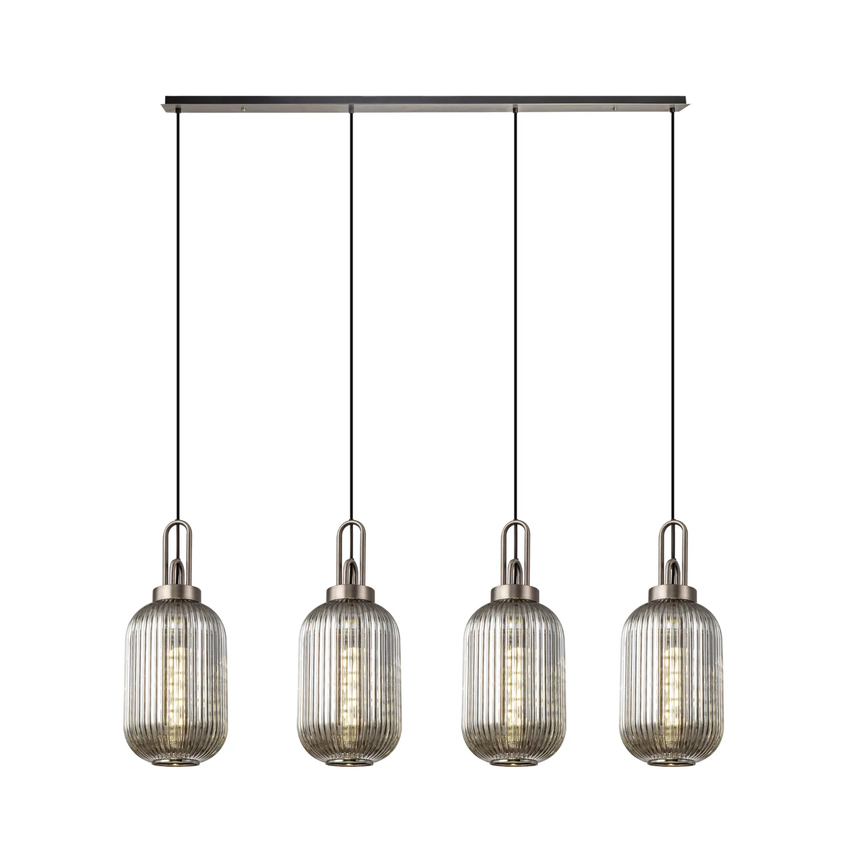 Photograph: Idolite Camille Linear 4 Light Pendant With 20cm Tubular Ribbed Glass, Antique Silver/Matt Black Smoked