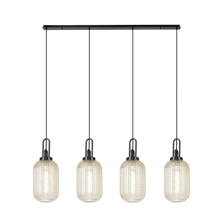Photograph: Idolite Camille Linear 4 Light Pendant With 20cm Tubular Ribbed Glass, Black Chrome/Matt Black Champagne