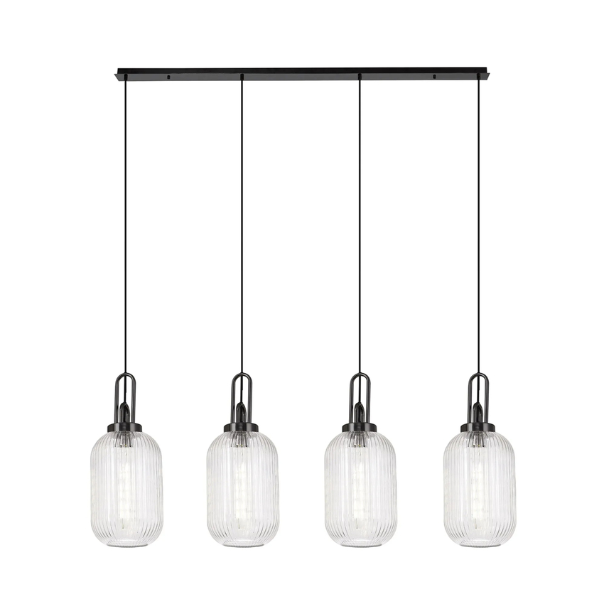 Photograph: Idolite Camille Linear 4 Light Pendant With 20cm Tubular Ribbed Glass, Black Chrome/Matt Black Clear