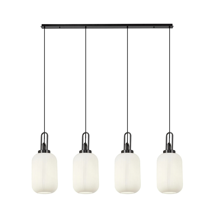Photograph: Idolite Camille Linear 4 Light Pendant With 20cm Tubular Ribbed Glass, Black Chrome/Matt Black Opal