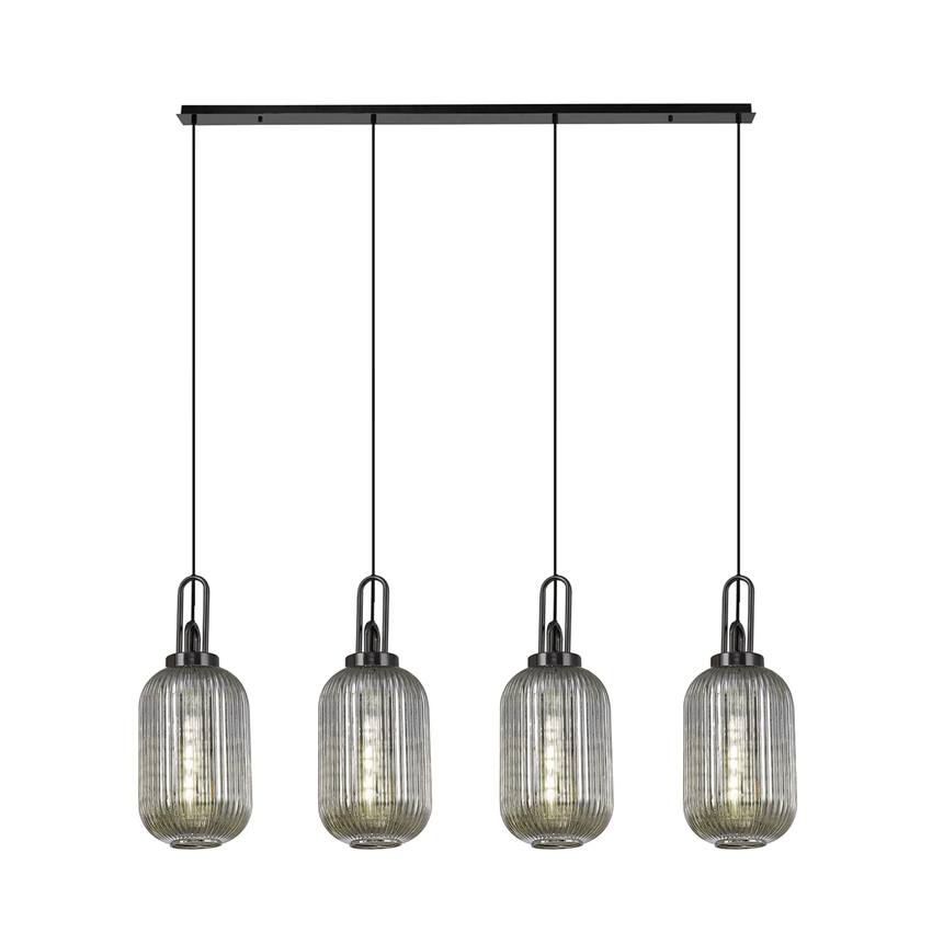 Photograph: Idolite Camille Linear 4 Light Pendant With 20cm Tubular Ribbed Glass, Black Chrome/Matt Black Smoked
