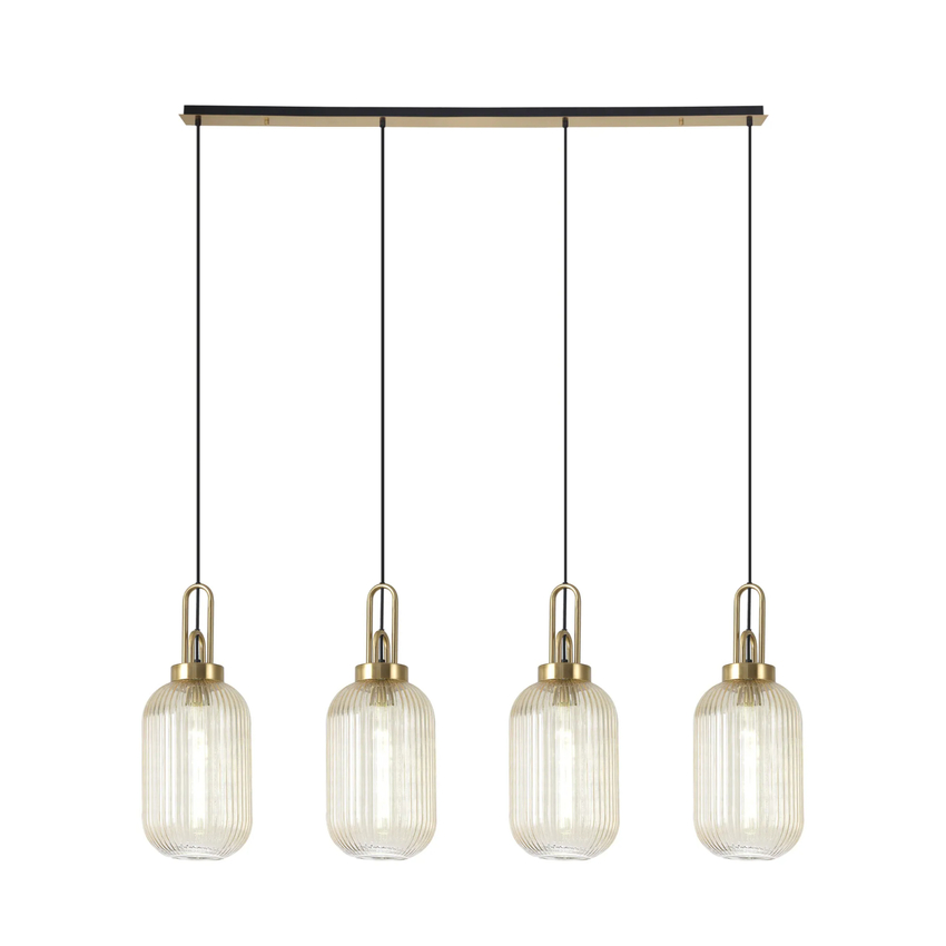 Photograph: Idolite Camille Linear 4 Light Pendant With 20cm Tubular Ribbed Glass, Brass Gold/Matt Black Champagne