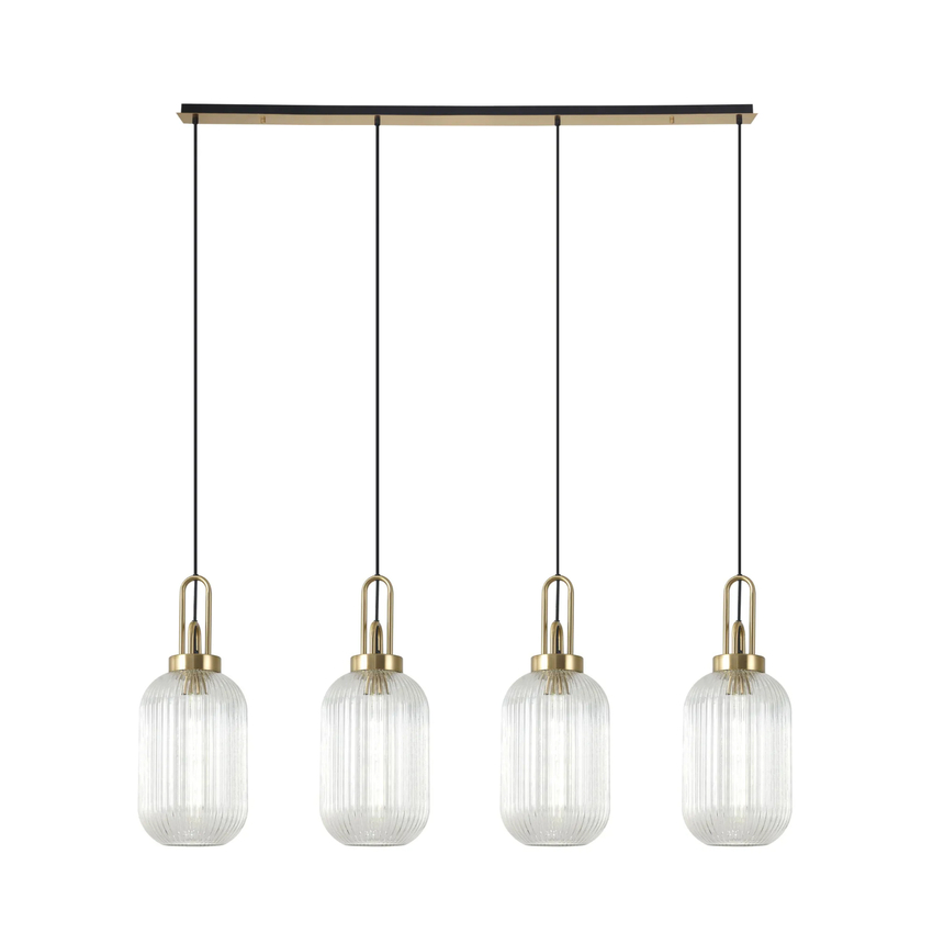 Photograph: Idolite Camille Linear 4 Light Pendant With 20cm Tubular Ribbed Glass, Brass Gold/Matt Black Clear