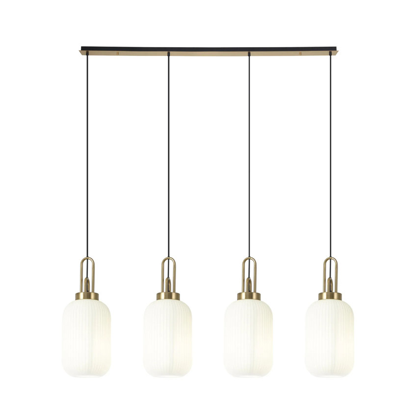 Photograph: Idolite Camille Linear 4 Light Pendant With 20cm Tubular Ribbed Glass, Brass Gold/Matt Black Opal