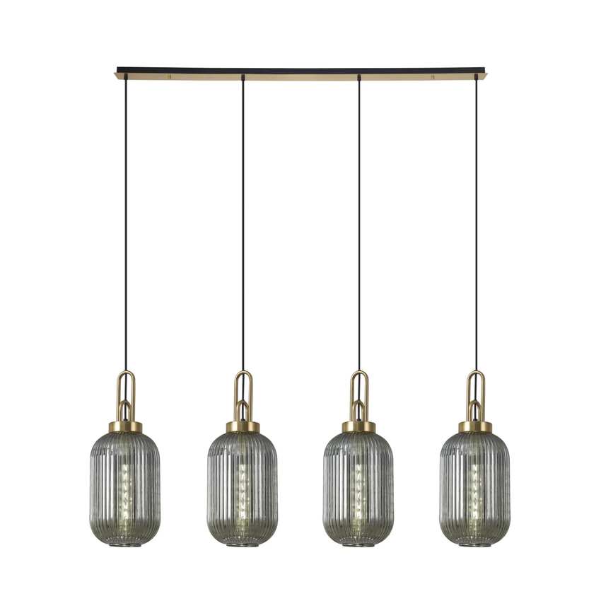 Photograph: Idolite Camille Linear 4 Light Pendant With 20cm Tubular Ribbed Glass, Brass Gold/Matt Black Smoked