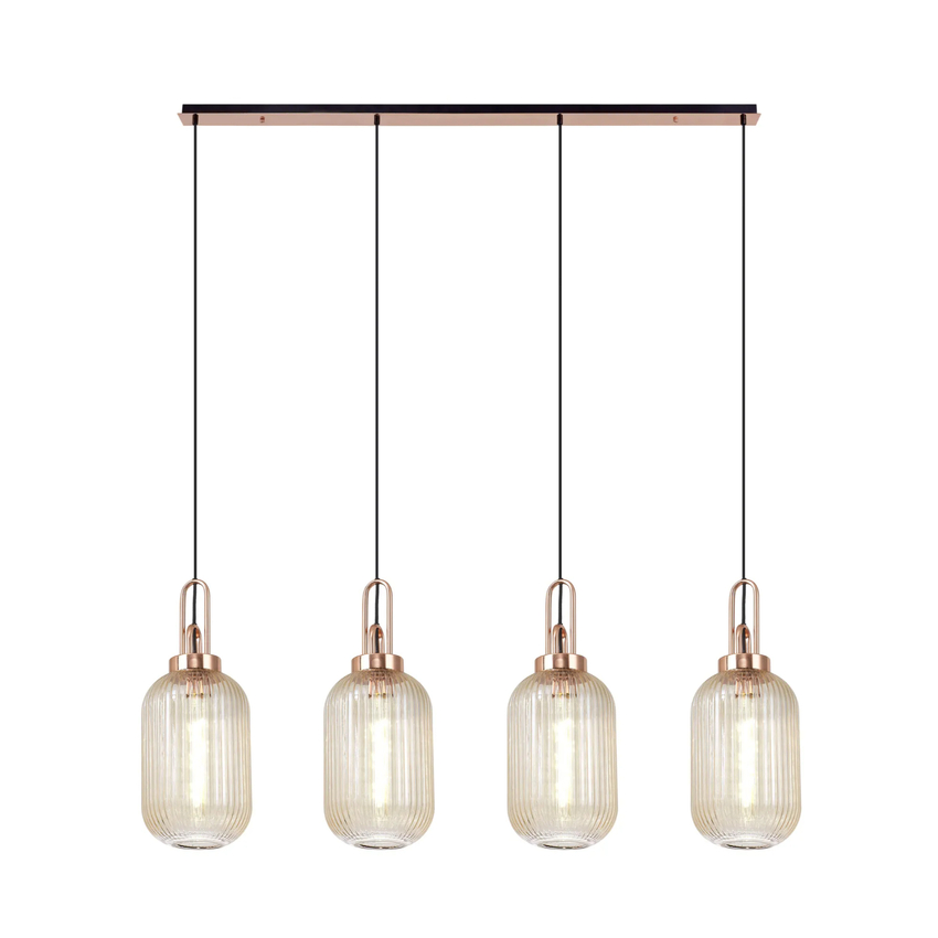 Photograph: Idolite Camille Linear 4 Light Pendant With 20cm Tubular Ribbed Glass, Copper/Matt Black Champagne