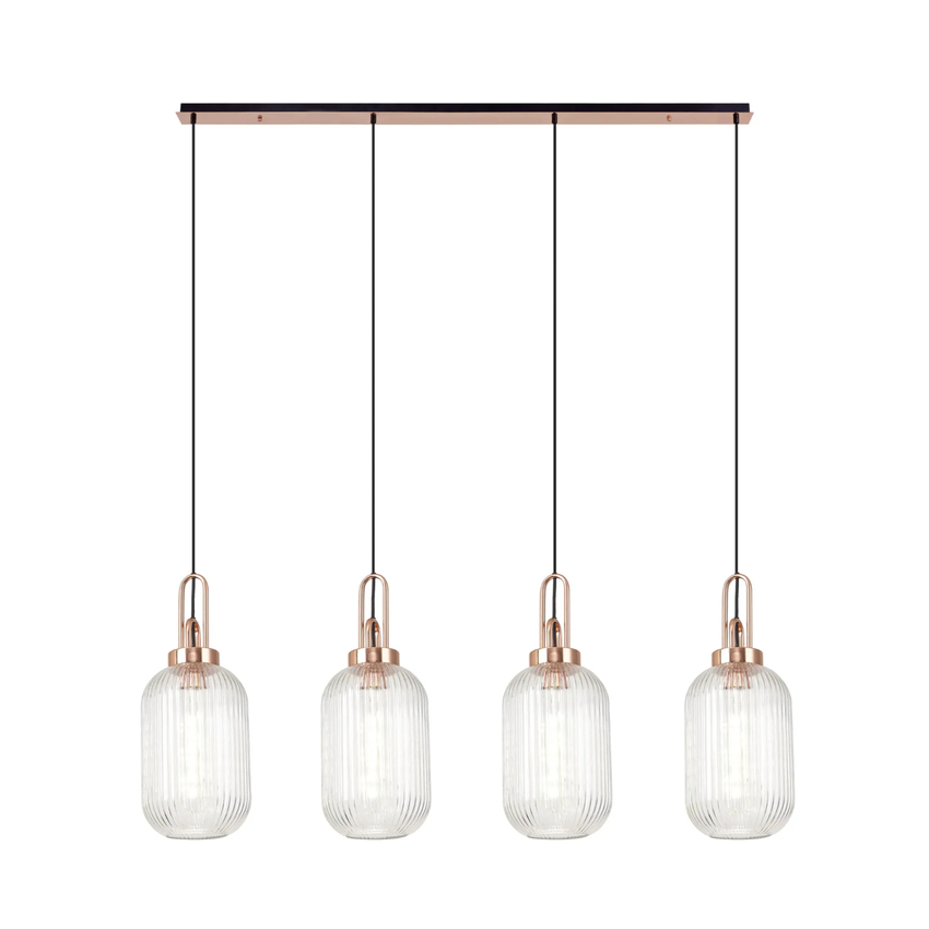 Photograph: Idolite Camille Linear 4 Light Pendant With 20cm Tubular Ribbed Glass, Copper/Matt Black Clear