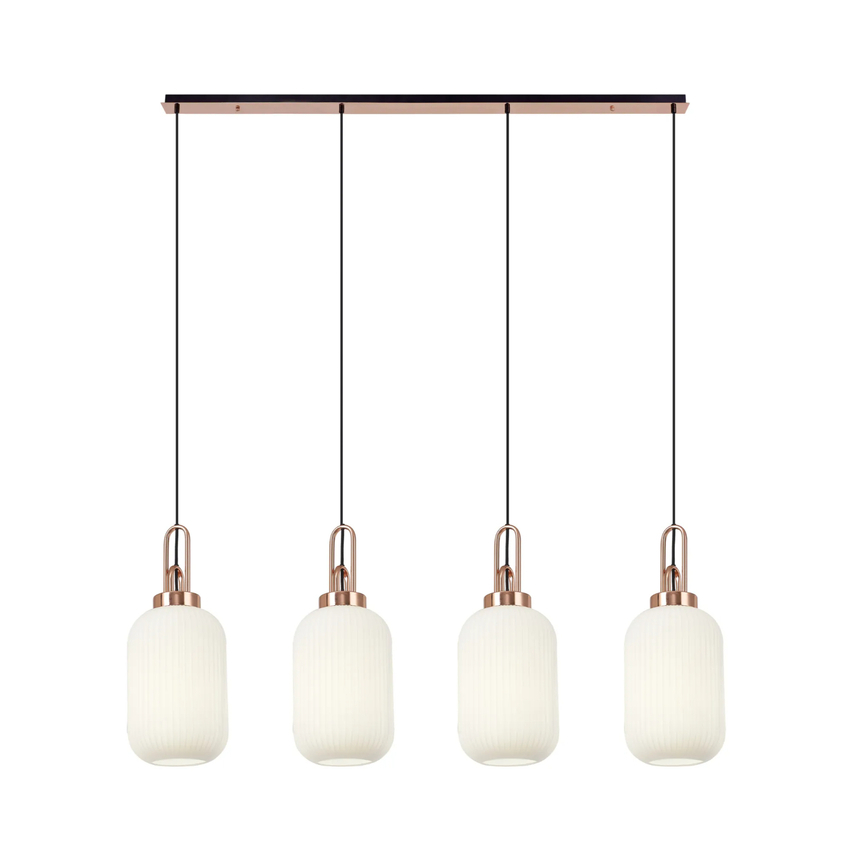 Photograph: Idolite Camille Linear 4 Light Pendant With 20cm Tubular Ribbed Glass, Copper/Matt Black Opal