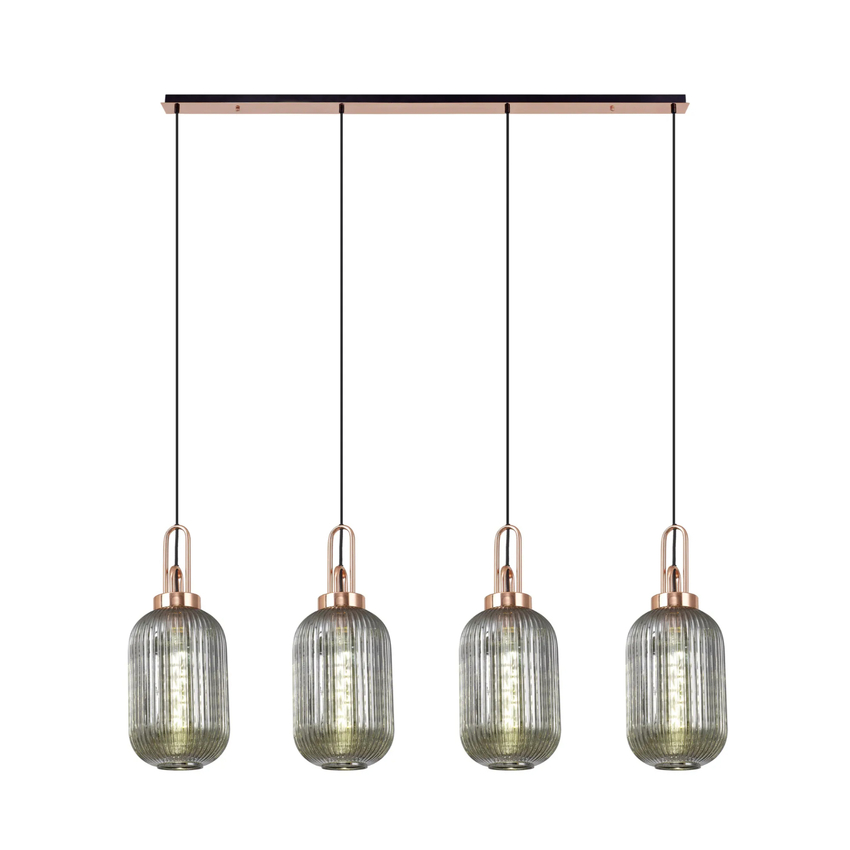 Photograph: Idolite Camille Linear 4 Light Pendant With 20cm Tubular Ribbed Glass, Copper/Matt Black Smoked