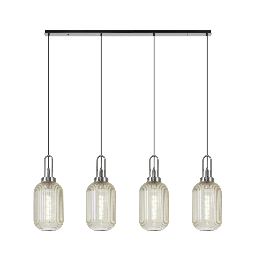 Photograph: Idolite Camille Linear 4 Light Pendant With 20cm Tubular Ribbed Glass, Polished Nickel/Matt Black Champagne