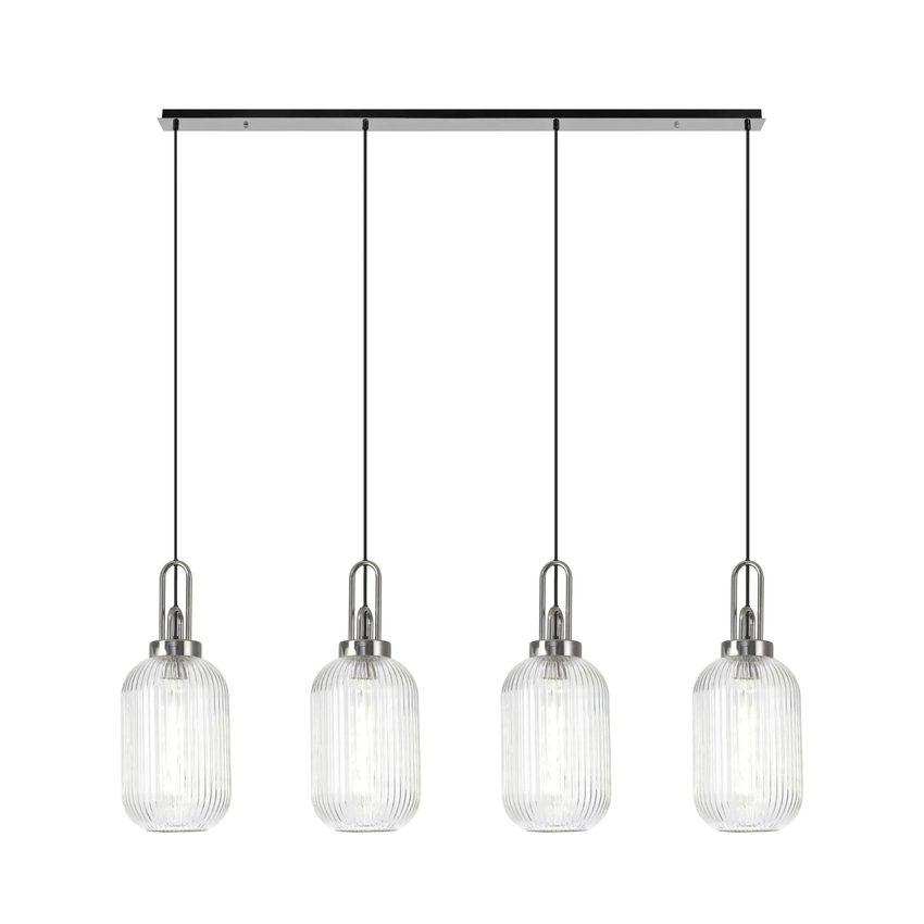 Photograph: Idolite Camille Linear 4 Light Pendant With 20cm Tubular Ribbed Glass, Polished Nickel/Matt Black Clear