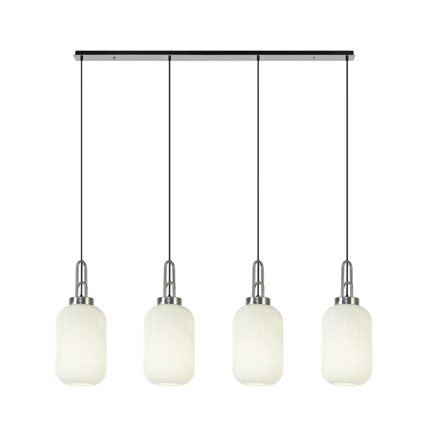 Photograph: Idolite Camille Linear 4 Light Pendant With 20cm Tubular Ribbed Glass, Polished Nickel/Matt Black Opal