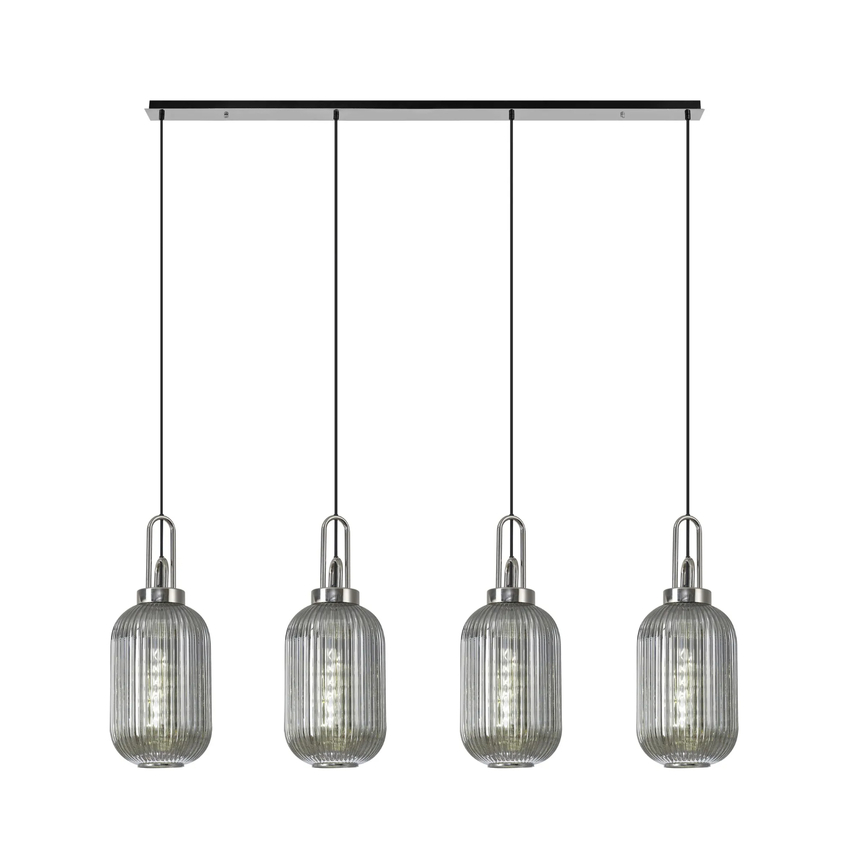 Photograph: Idolite Camille Linear 4 Light Pendant With 20cm Tubular Ribbed Glass, Polished Nickel/Matt Black Smoked