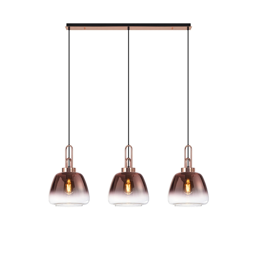 Photograph: Idolite Camille Linear Pendant 3 x E27 With 28cm Trapezium Glass, Copper/Clear/Matt Black