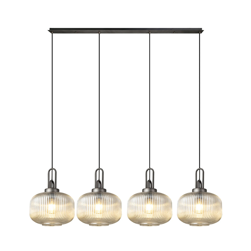 Photograph: Idolite Camille Linear Pendant, 4 x E27, Aged Pewter/Matt Black With 30cm Pumpkin Shaped Ribbed Champagne Glass