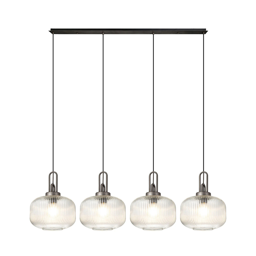 Photograph: Idolite Camille Linear Pendant, 4 x E27, Aged Pewter/Matt Black With 30cm Pumpkin Shaped Ribbed Clear Glass