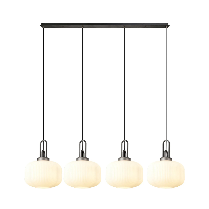 Photograph: Idolite Camille Linear Pendant, 4 x E27, Aged Pewter/Matt Black With 30cm Pumpkin Shaped Ribbed Opal Glass