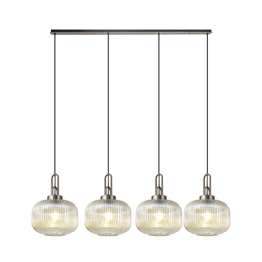 Photograph: Idolite Camille Linear Pendant, 4 x E27, Antique Silver/Matt Black With 30cm Pumpkin Shaped Ribbed Champagne Glass