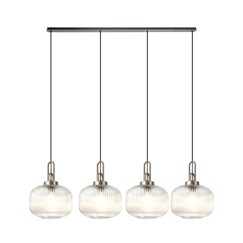 Photograph: Idolite Camille Linear Pendant, 4 x E27, Antique Silver/Matt Black With 30cm Pumpkin Shaped Ribbed Clear Glass